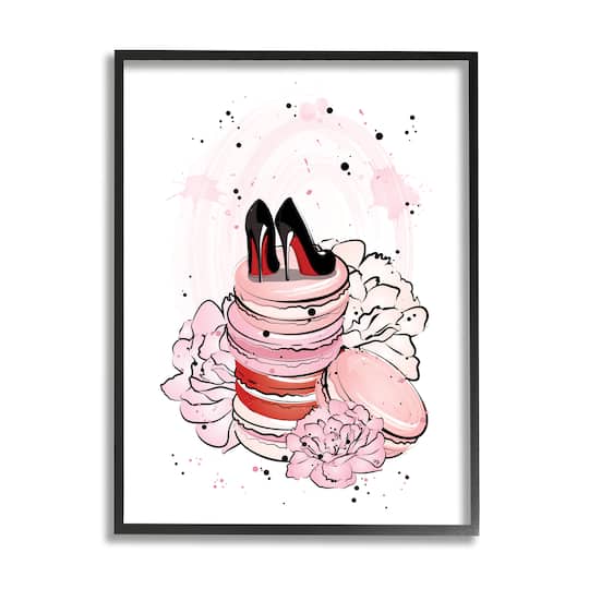 Stupell Industries Glam Red Bottom Heels on Pink Macarons Black Framed Wall Art